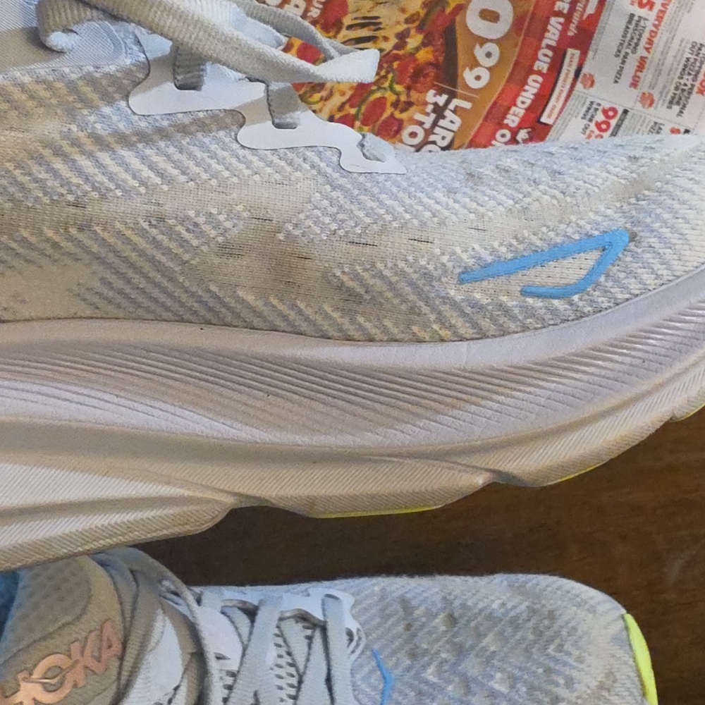 Hoka women's light gray running shoes with pink logo and blue accents - Picture 6 of 8